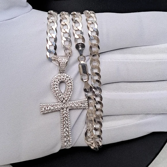 925 Sterling Sliver CZ Egyptian Ankh Cross Necklace 20